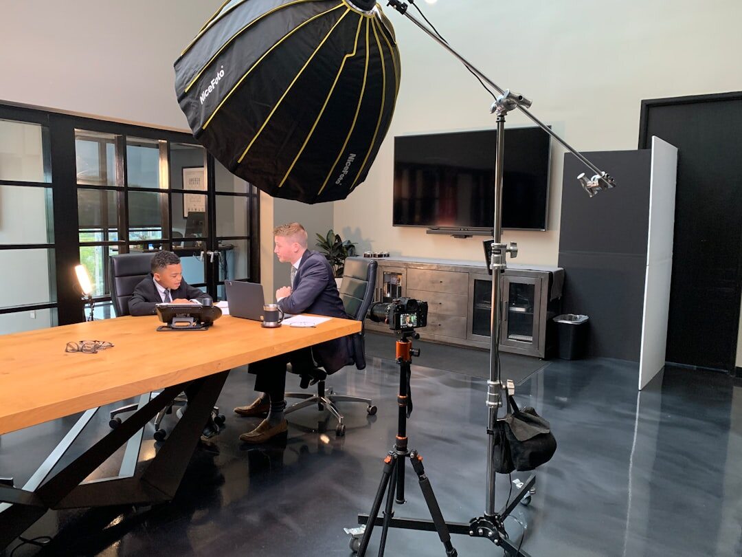 News studio set ready for live broadcast with on-air light